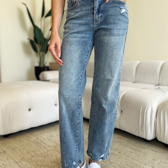 Judy Blue Denim - Judy Blue Mid rise distressed straight leg jeans